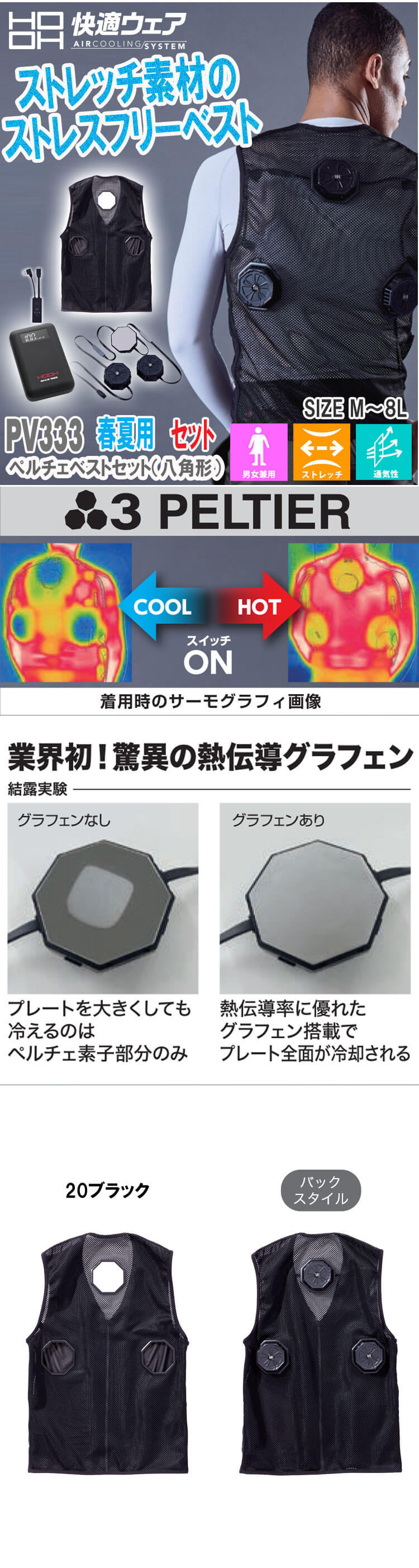 HOOH 八角形ペルチェベスト&バッテリーセット PV333 冷暖兼用 熱中症