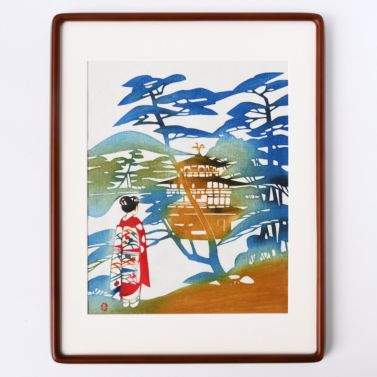 木版画 稲垣稔次郎 金閣寺と舞妓 額装入 / no.2669 | 京都の伝統工芸品