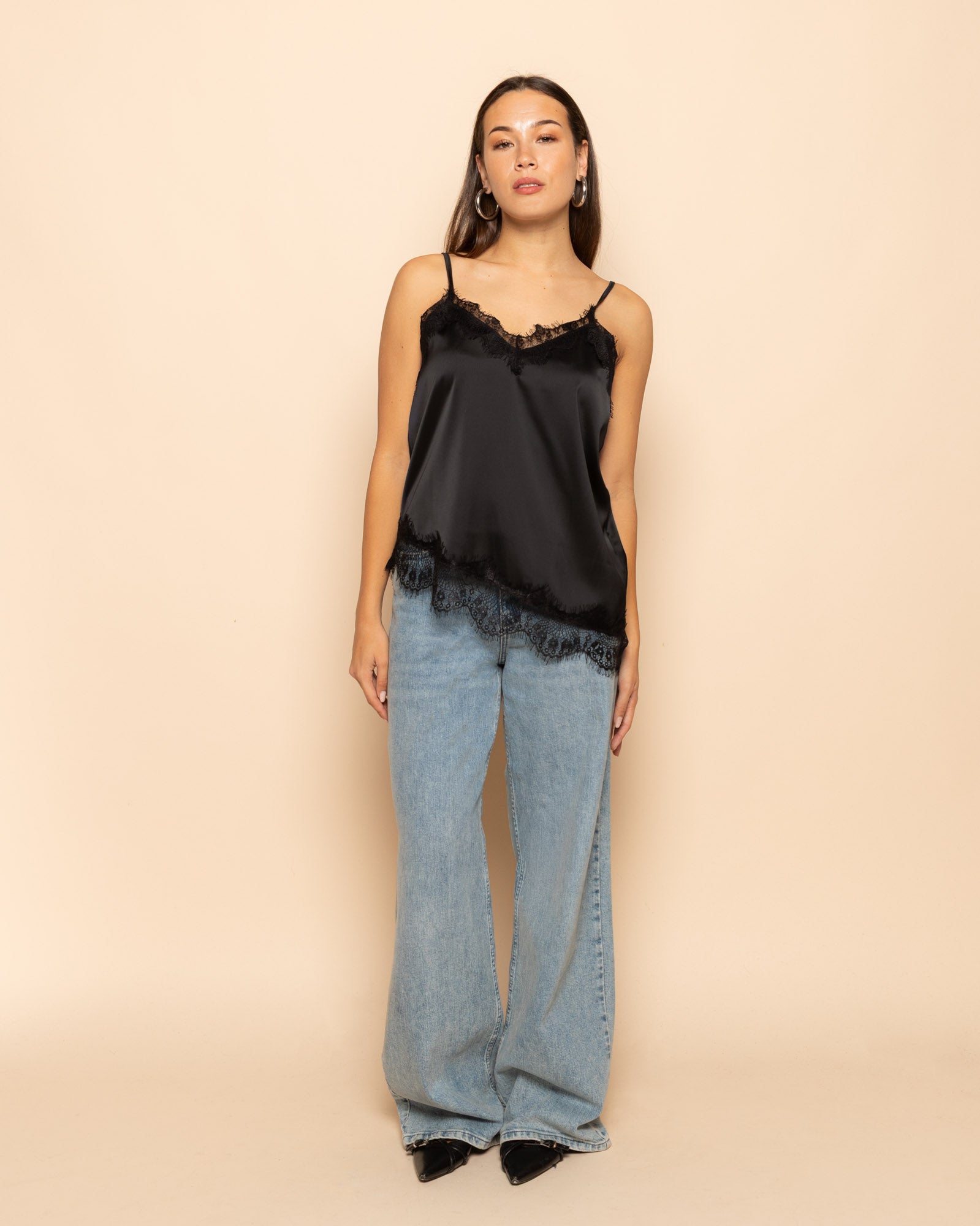 ASYMMETRIC SATIN LACE CAMI TOP BLACK | Most Wanted