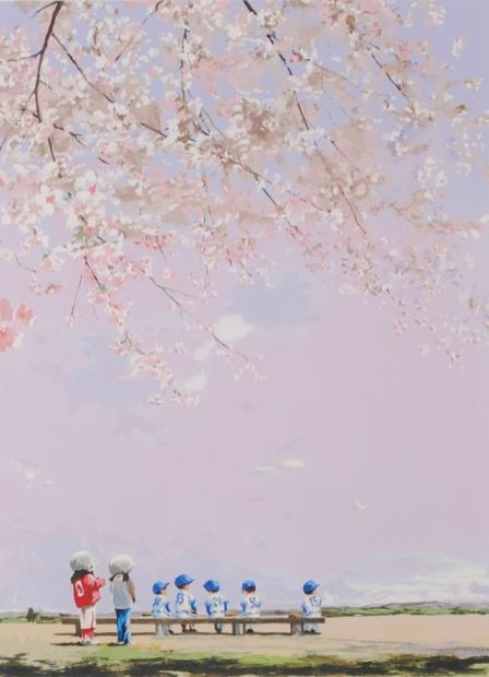 シルクスクリーンの版画で櫻井幸雄が制作した絵「出番のないベンチ