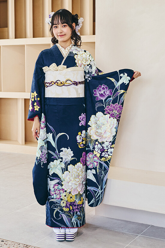 桂の振袖 /紺色/青色/エレガント/牡丹柄/ 雪月花 S717 | My振袖