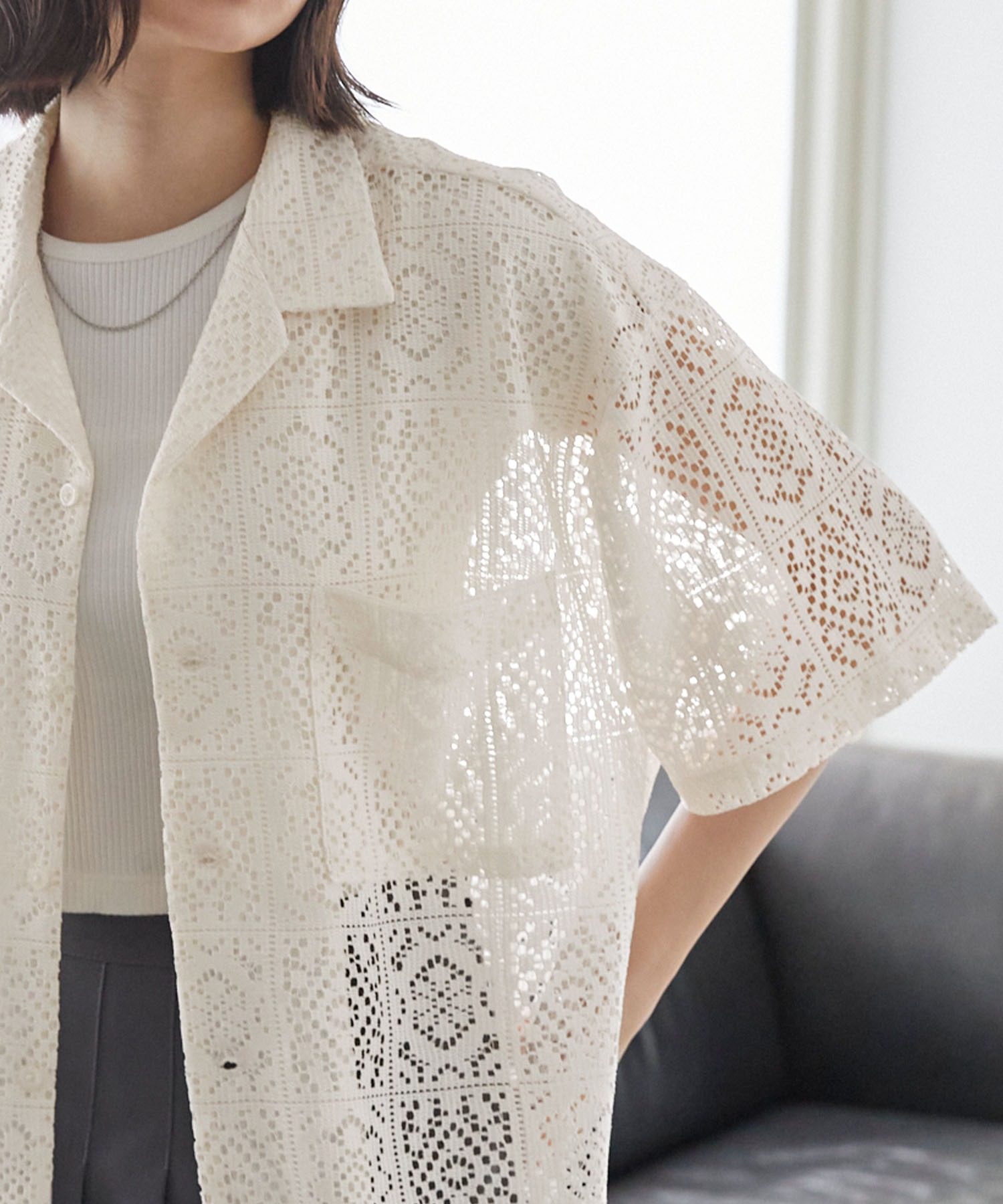 シアーレースジャガード ルーズシルエットオープンカラーシャツ MONO