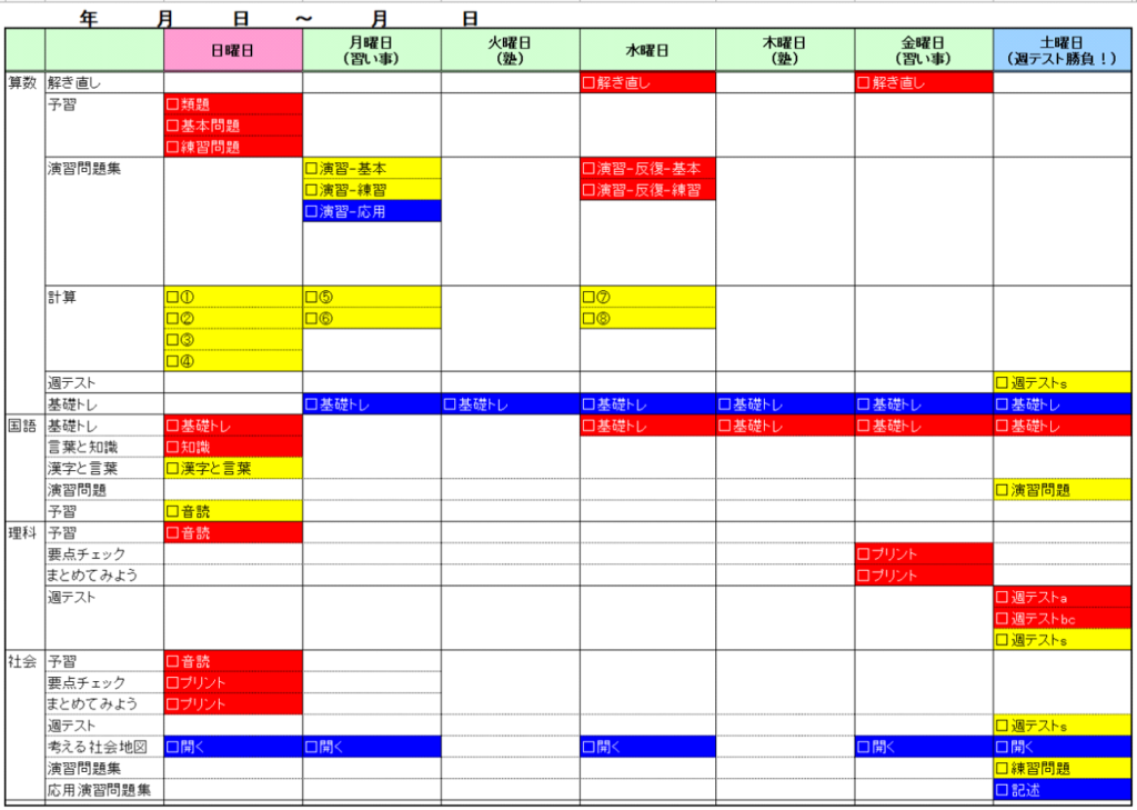 中学受験】学習予定表（四谷大塚） | ページ 2 | 怒りん坊パパの中学