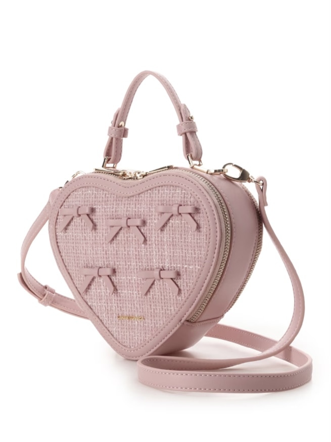 ツイードリボンハート型ショルダーバッグ【ピンク】(ピンク