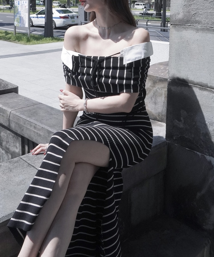 ribbon gather slit maxi onepiece(M BLACK/BEIGE): ワンピース｜PMbox