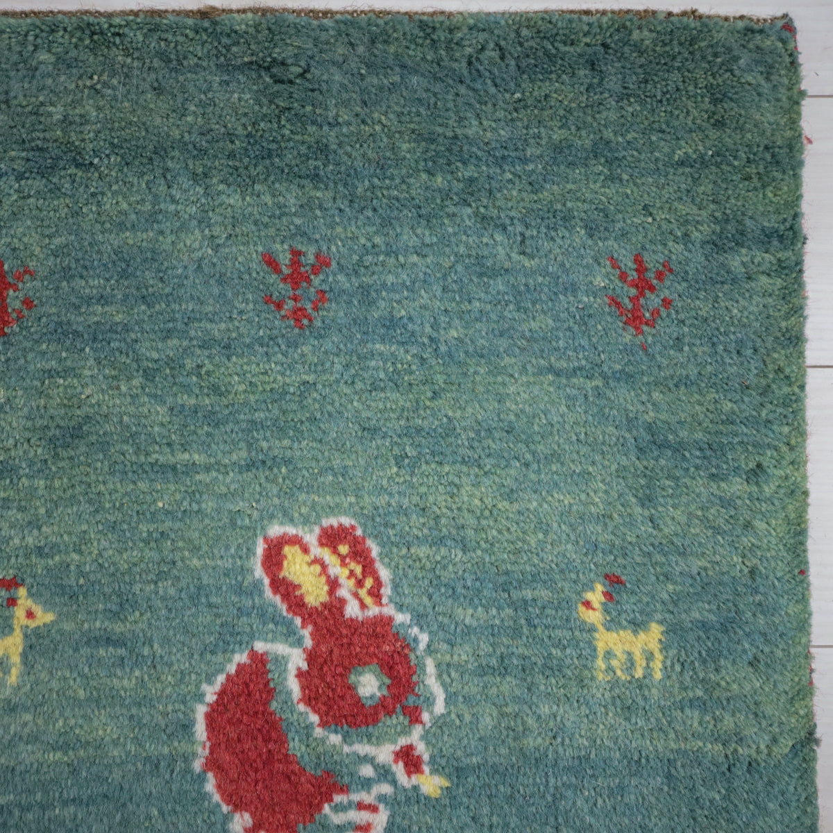 手織りギャッベ,ランナーラグ,149×53cm｜高品質ウール,グリーン×レッド