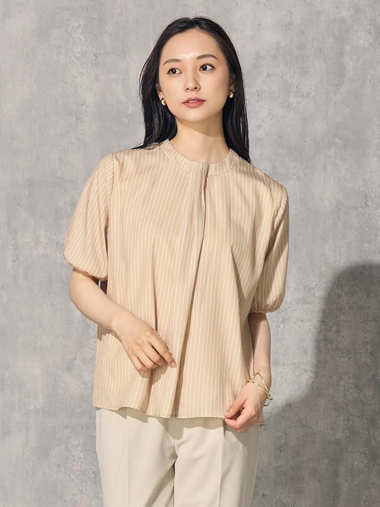 ベージュ ストライプ柄 ボウタイ風ブラウス ホワイト/ベージュ | P.S.