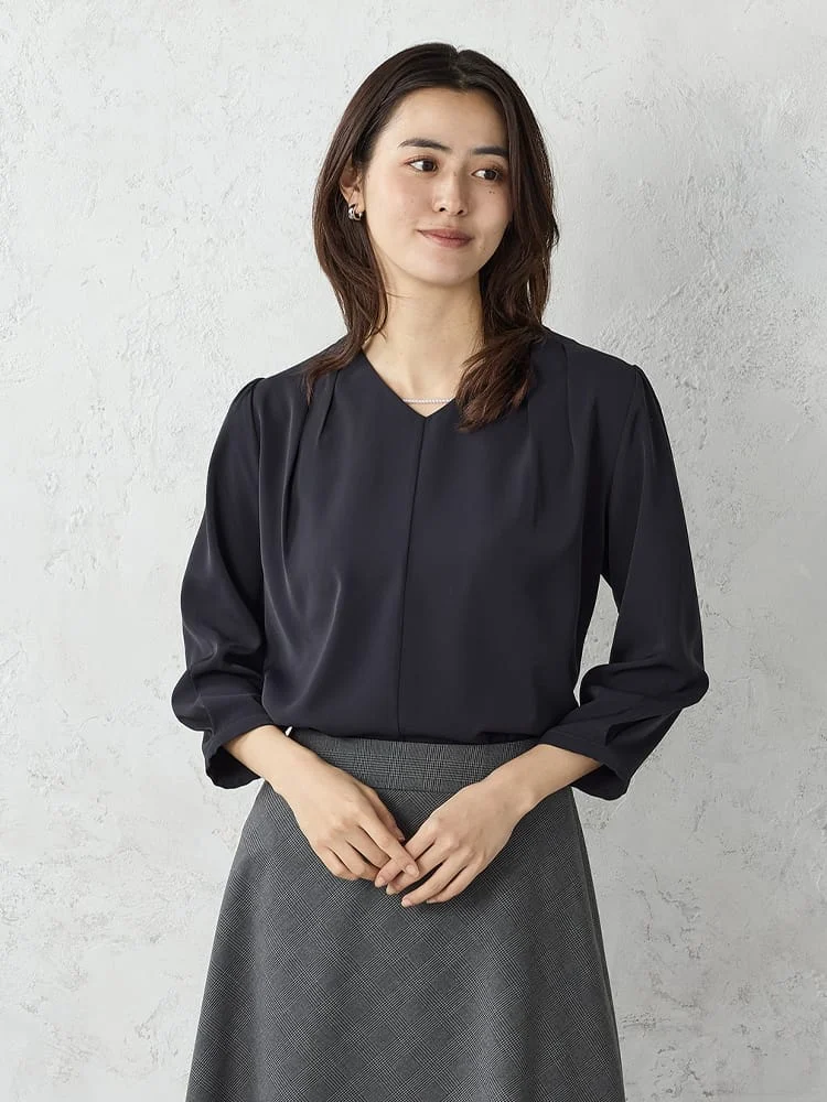 ネイビー ビジューVネック 2WAYブラウス ホワイト/ベージュ/ネイビー