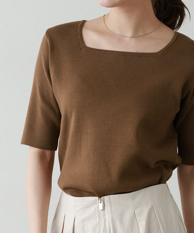 選べるネック多機能ニット5分袖トップス 【Pierrot】 【スピード配送