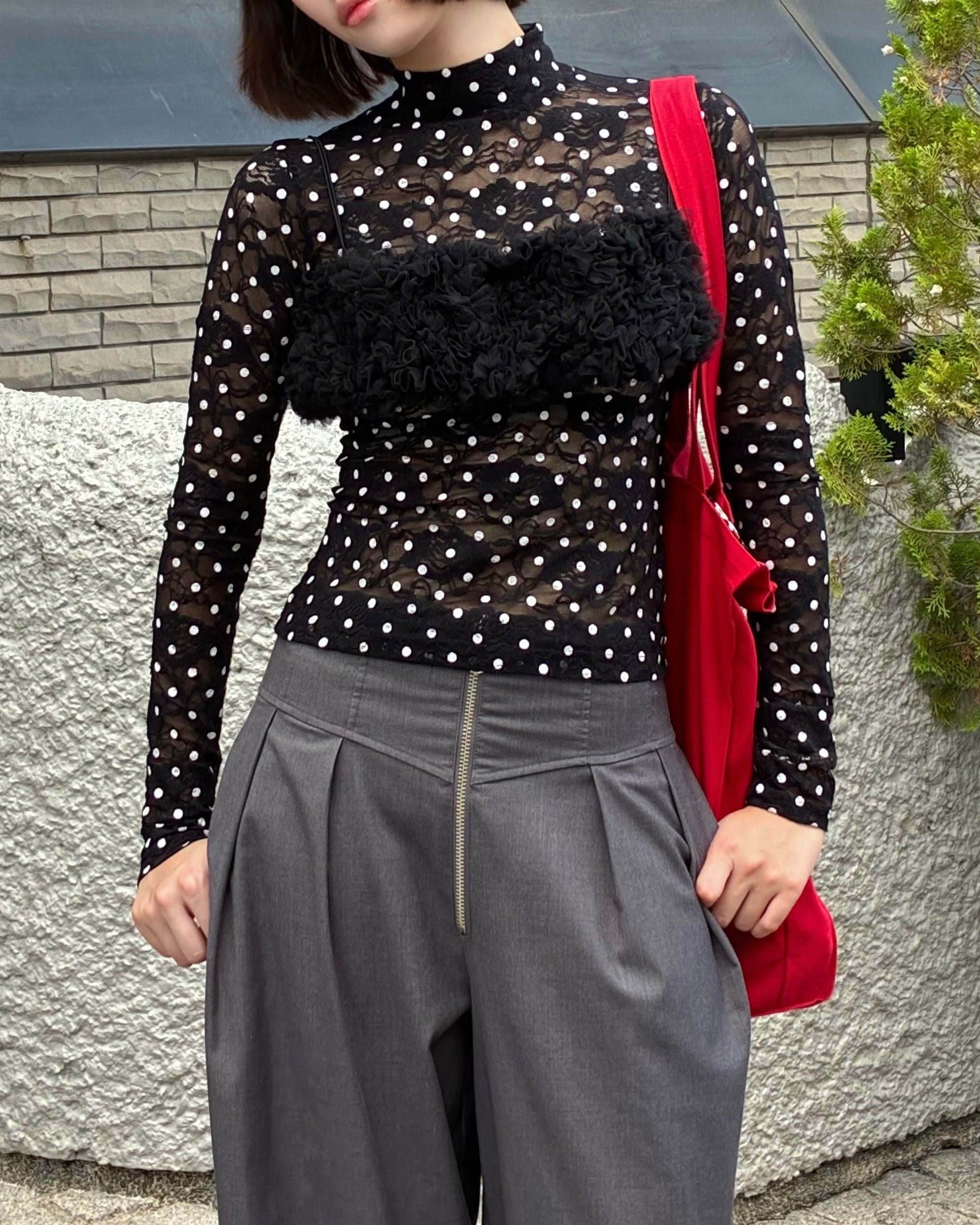 Dot lace see-through top (high neck) black