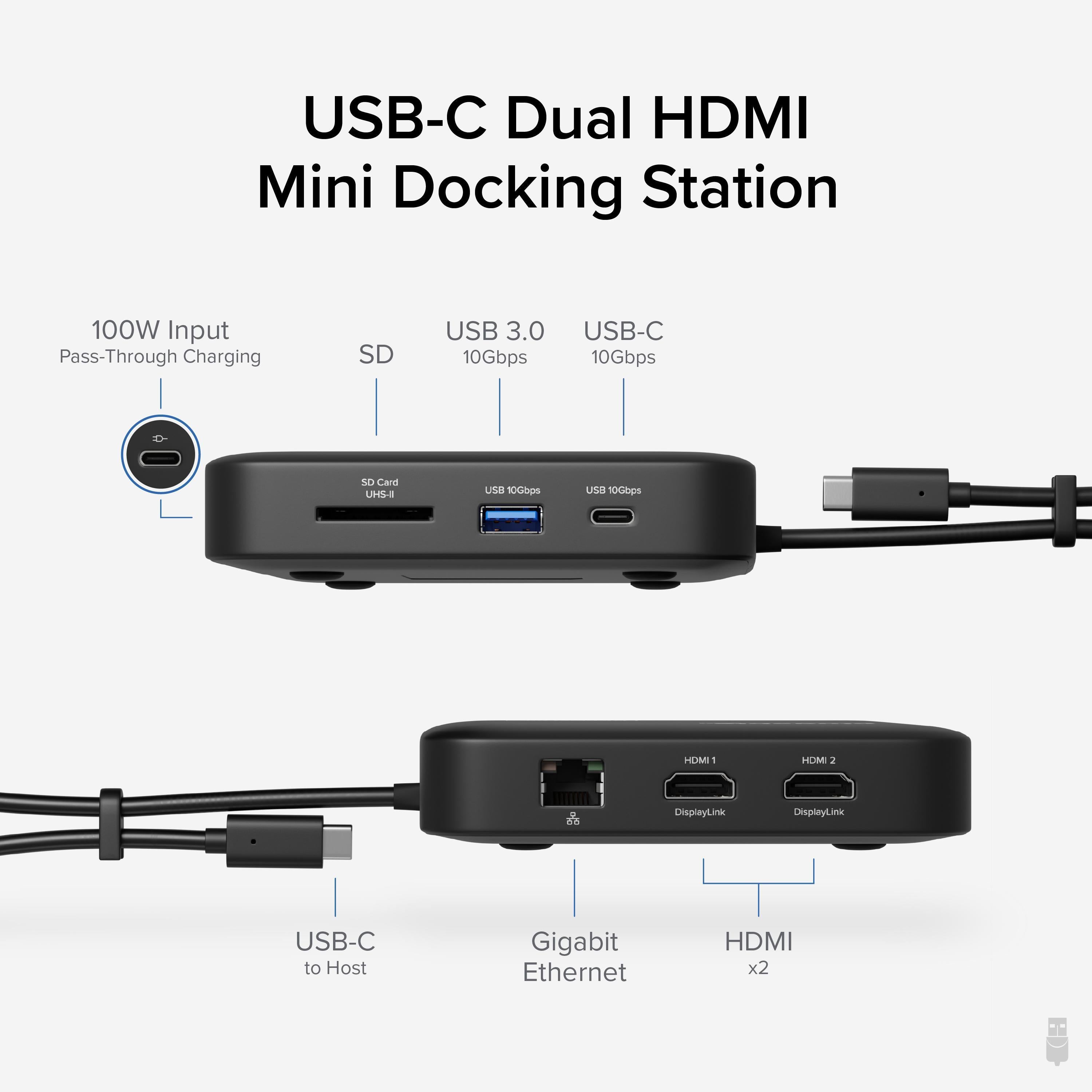 Plugable USB-C Dual HDMI Docking Station, 100W Pass Through
