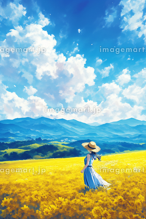 日本の田舎の夏、満開のひまわり畑と少女｜懐かしく温かい雰囲気の風景