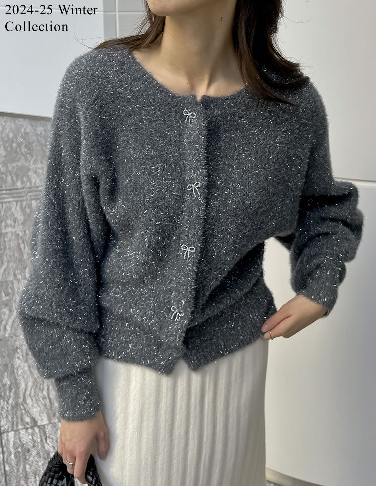 ラメフェザーニットリボンカーディガン - トップス通販 | 人気