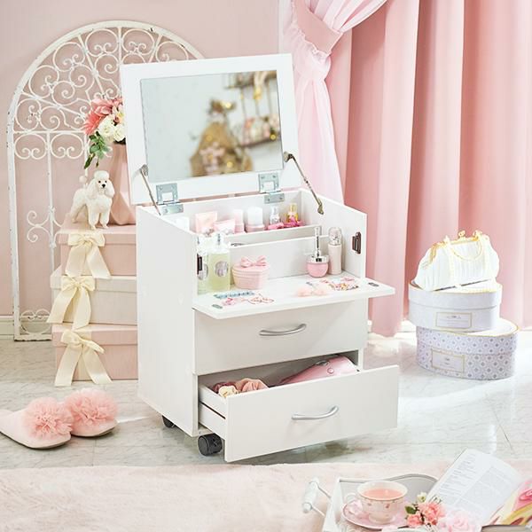 直送】たっぷり収納コスメワゴン/リボン＆クリスタル取っ手｜かわいい