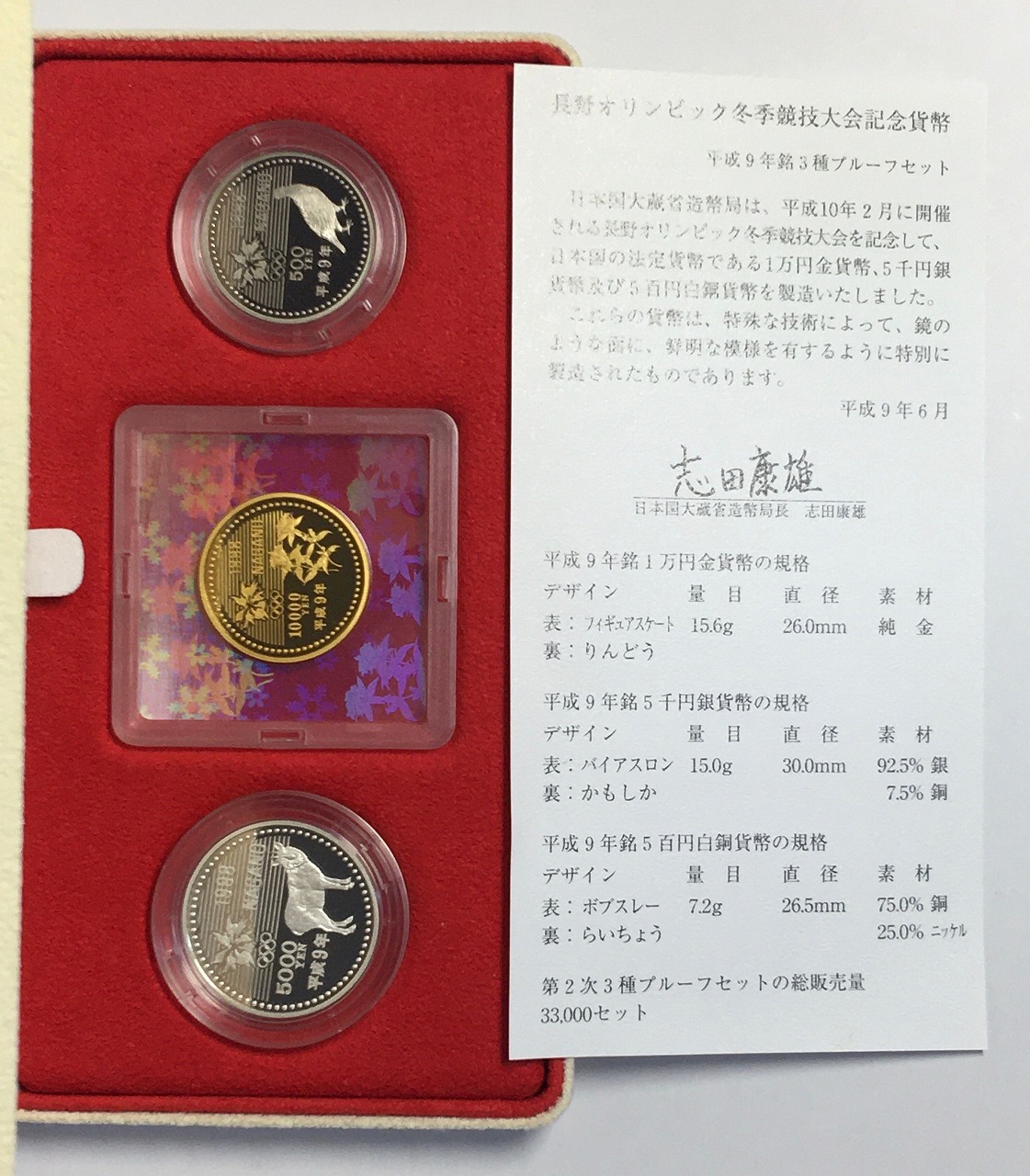 長野オリンピック冬季競技大会記念貨幣 1997年(H9) 金銀銅3枚セット