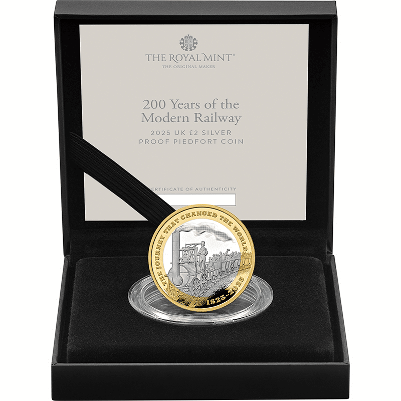 英国 2025年 近代鉄道輸送200周年 2ポンドピエフォー銀貨金メッキ付