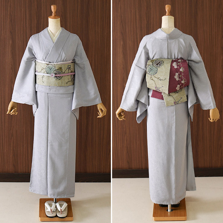 東レシルック] 洗える 色無地 着物 紋意匠 ジャガード更紗 ブルー