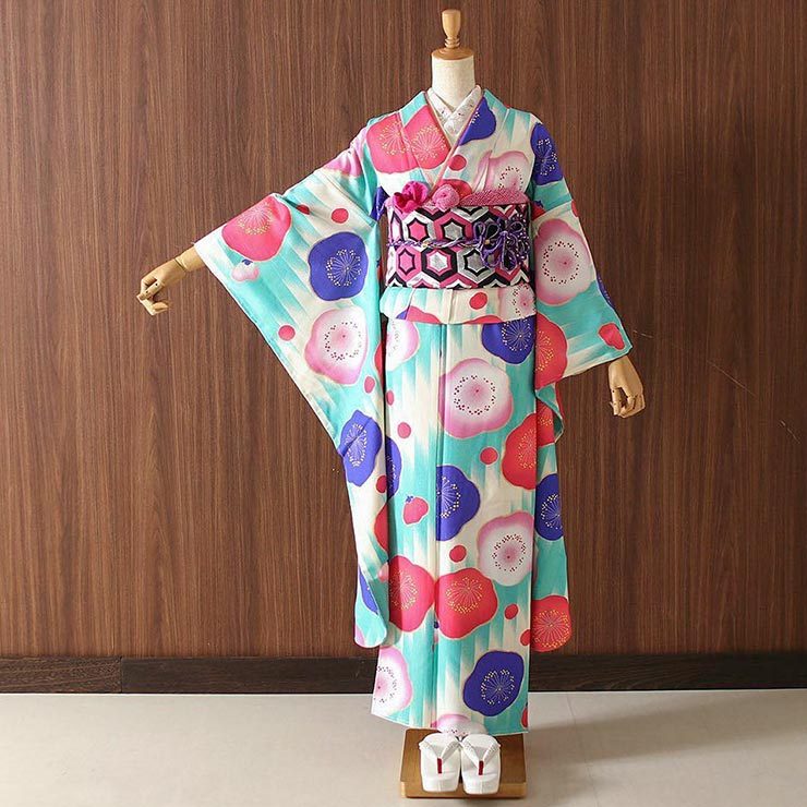 成人式 振袖 7点 幾何学縞に梅 翡翠色 振袖セット 着物セット 帯