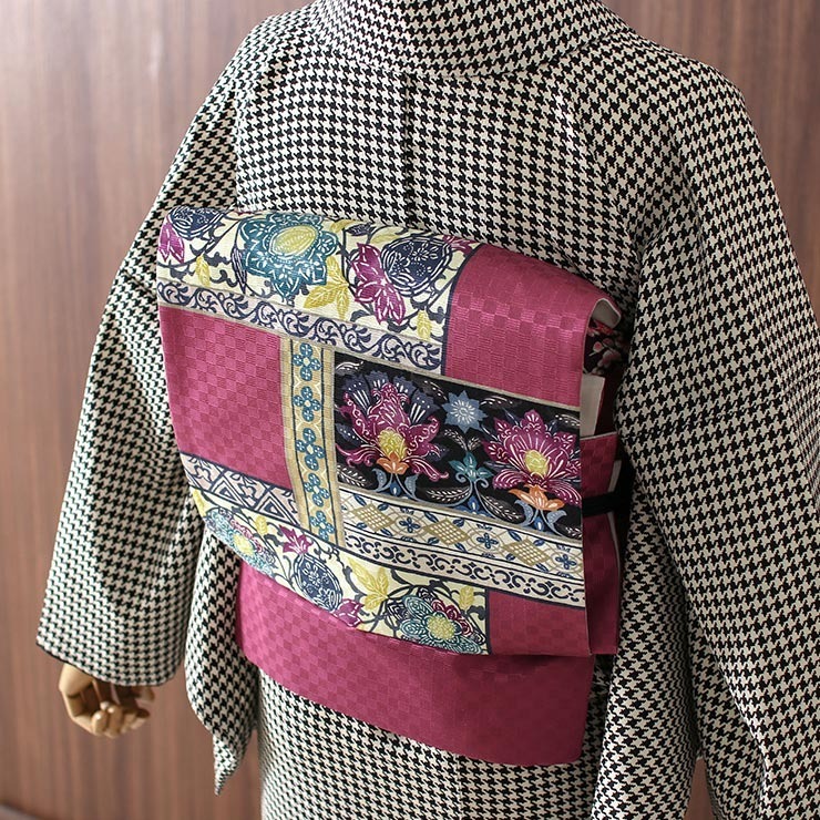 正絹 名古屋帯] 召しませ花 一重太鼓 京袋帯 浪漫更紗 (紅紫) 日本製