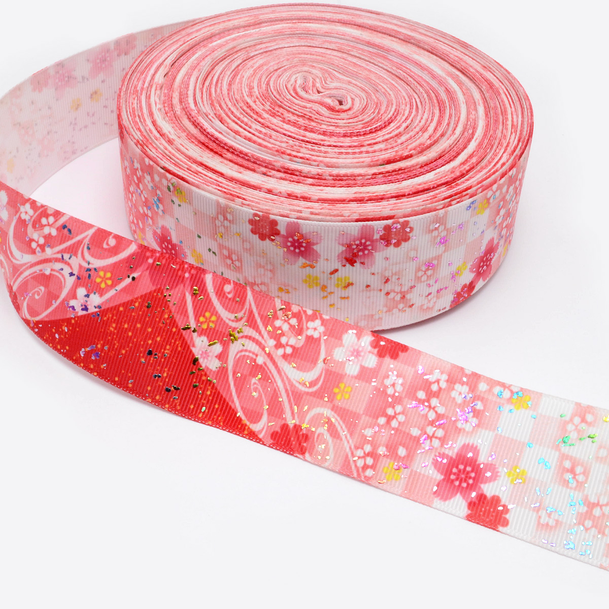 プリントリボン 箔押し赤い山と桜とチェックリボン 幅38mm 1m単位