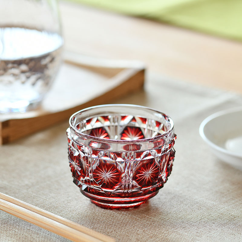 薩摩切子 猪口 大 cut18 紅 おちょこ お猪口 復元 島津薩摩切子 薩摩