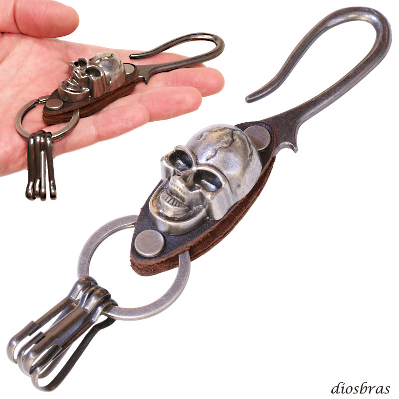 キーフック キーホルダー レザー スカル ドクロ 骸骨 ボーン 亜鉛合金