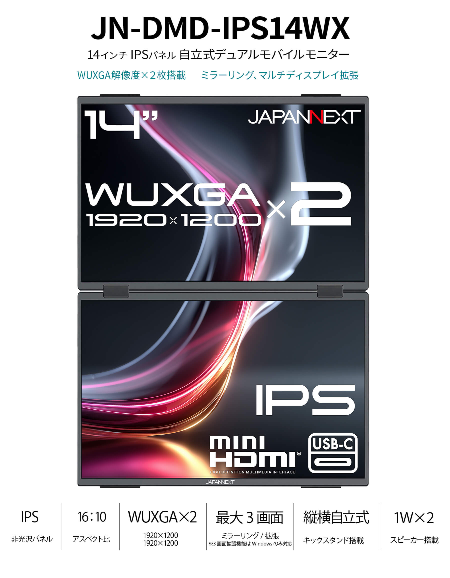 JAPANNEXT（ジャパンネクスト） JAPANNEXT 14インチ IPSパネルx2搭載