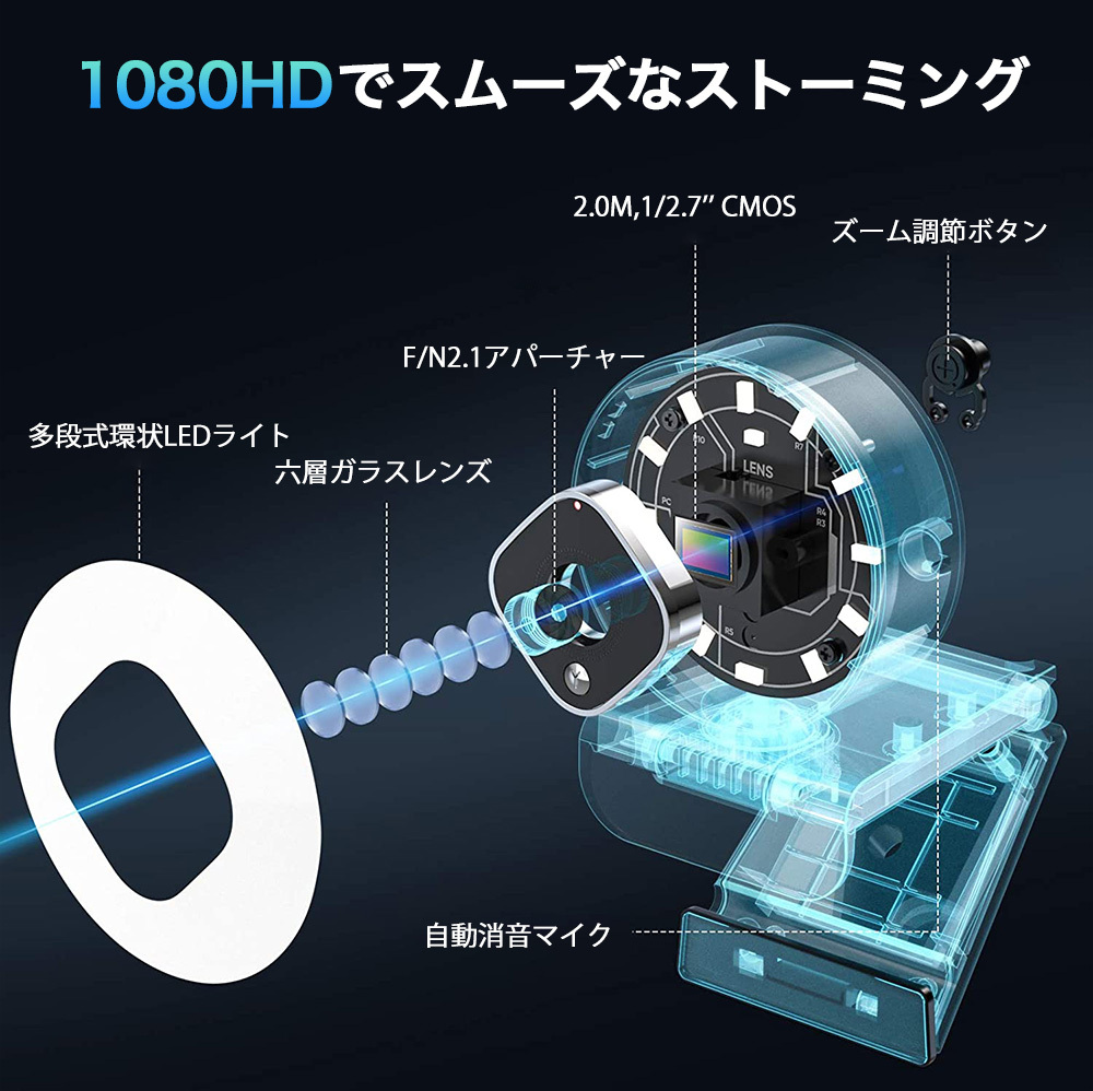 ウェブカメラ 200万画素 HD1080p 美顔機能 78°広角 WEBカメラ