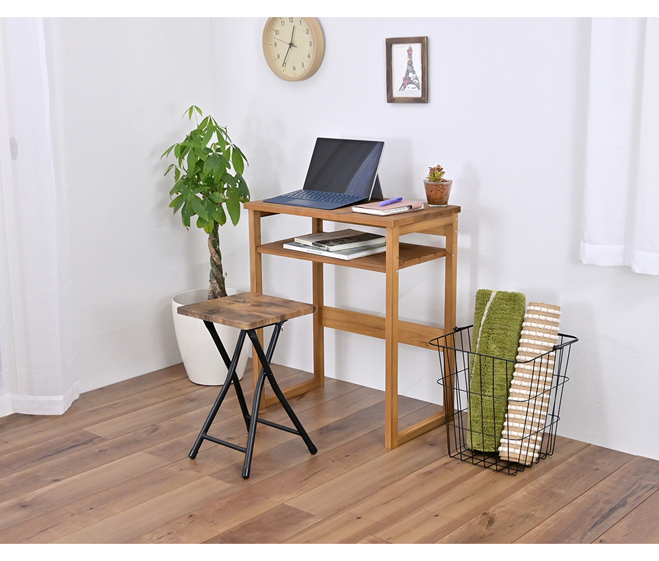 デスク 幅60cm 机 ブラウン ミニ コンパクト 学習机 収納付き 天然木
