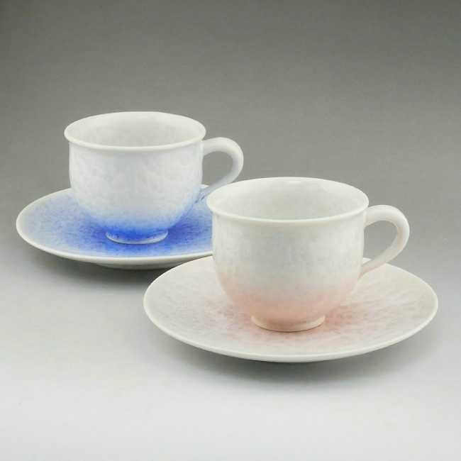 京焼 清水焼 花結晶ペアカップ＆ソーサー 白地青赤 陶あん : 松韻堂