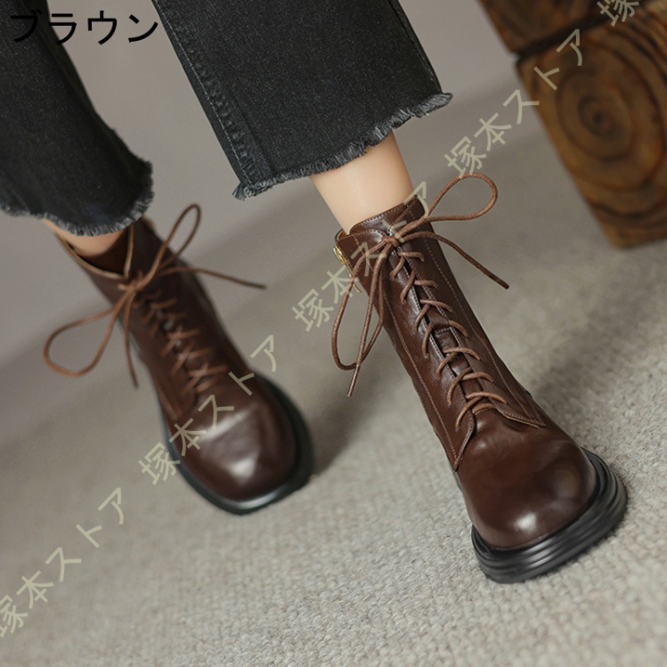 レディース レースアップブーツ 本革 ローヒール プラットフォーム