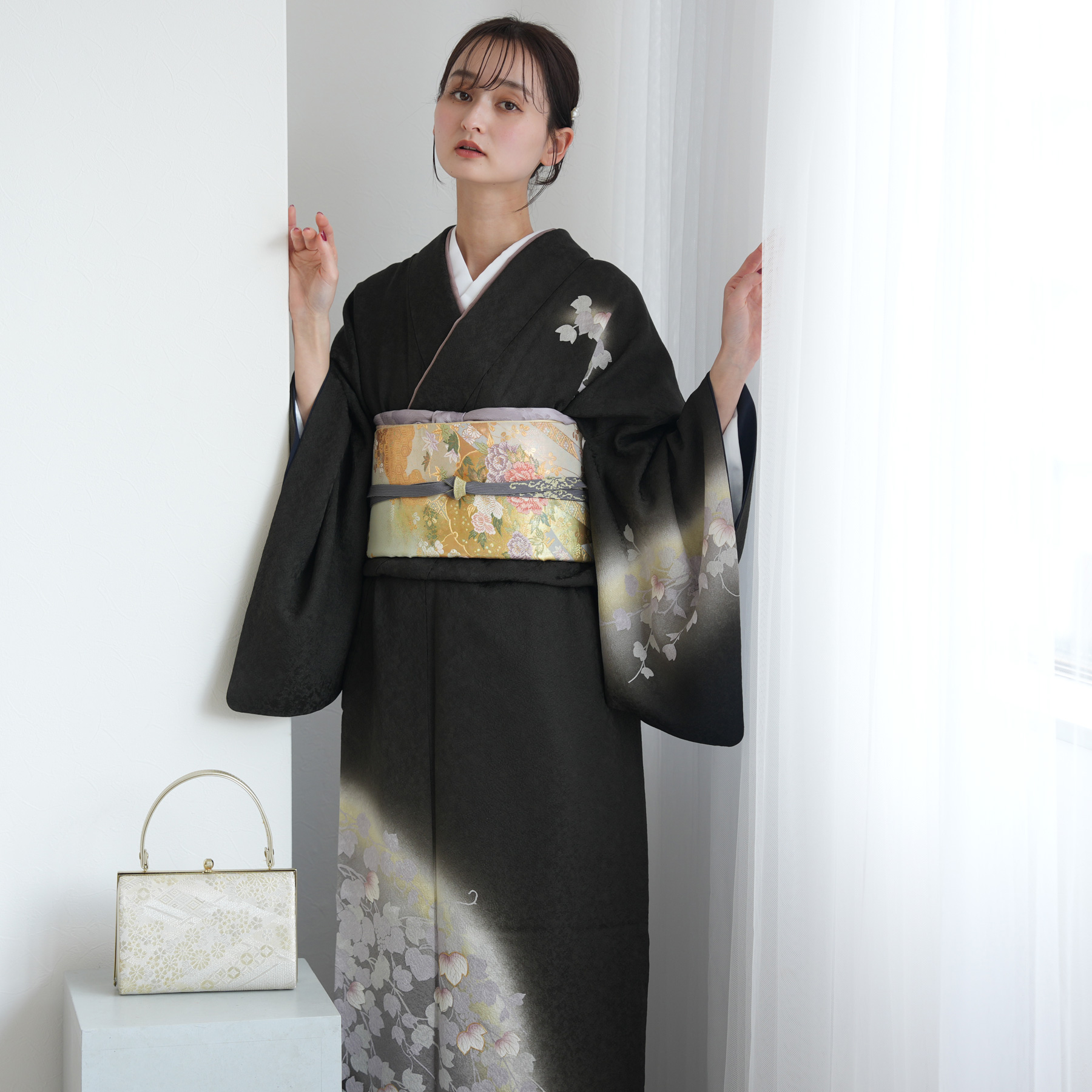 訪問着 レンタル おしゃれ 20点 フルセット 正絹 着物 桜 黒系 七五三