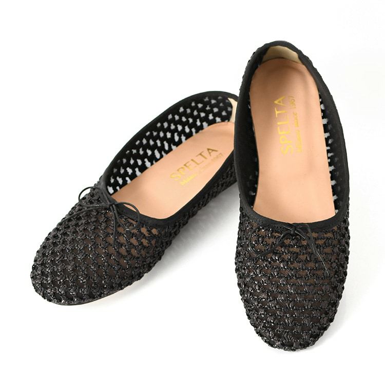 バレエシューズ 黒 フラットシューズ ラウンドトゥ 透かし編み