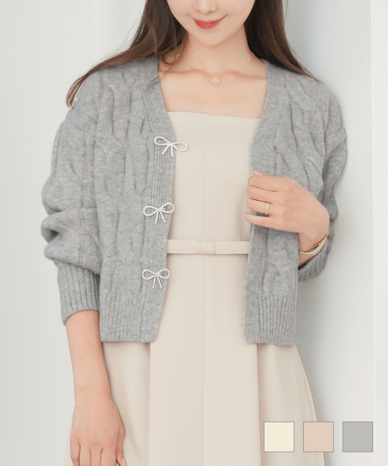 ビジュー リボン ブローチ ショートカーディガン le reve vaniller 全3