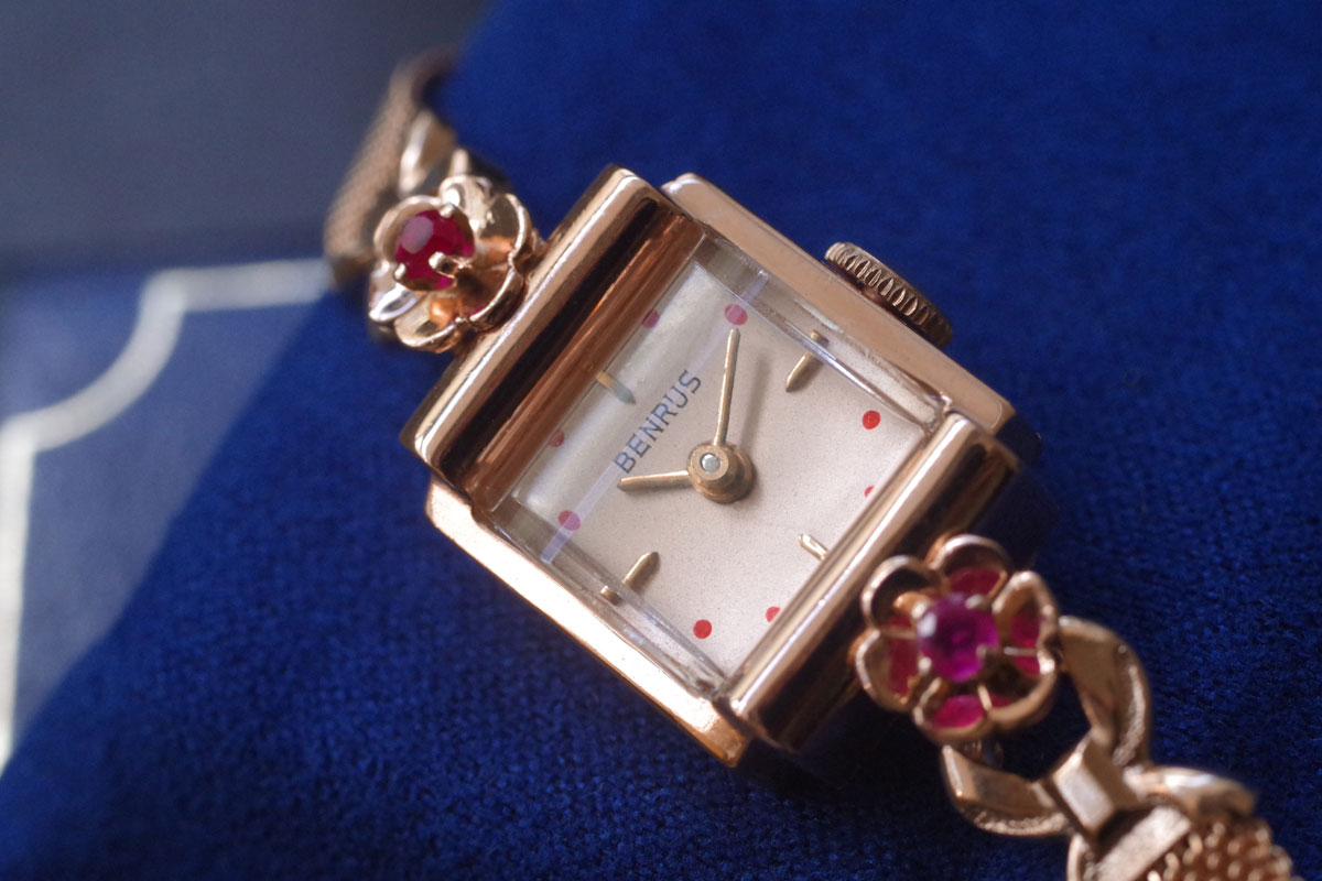 BENRUS ベンラス 14金ピンクゴールド＆ルビー アンティーク機械式時計