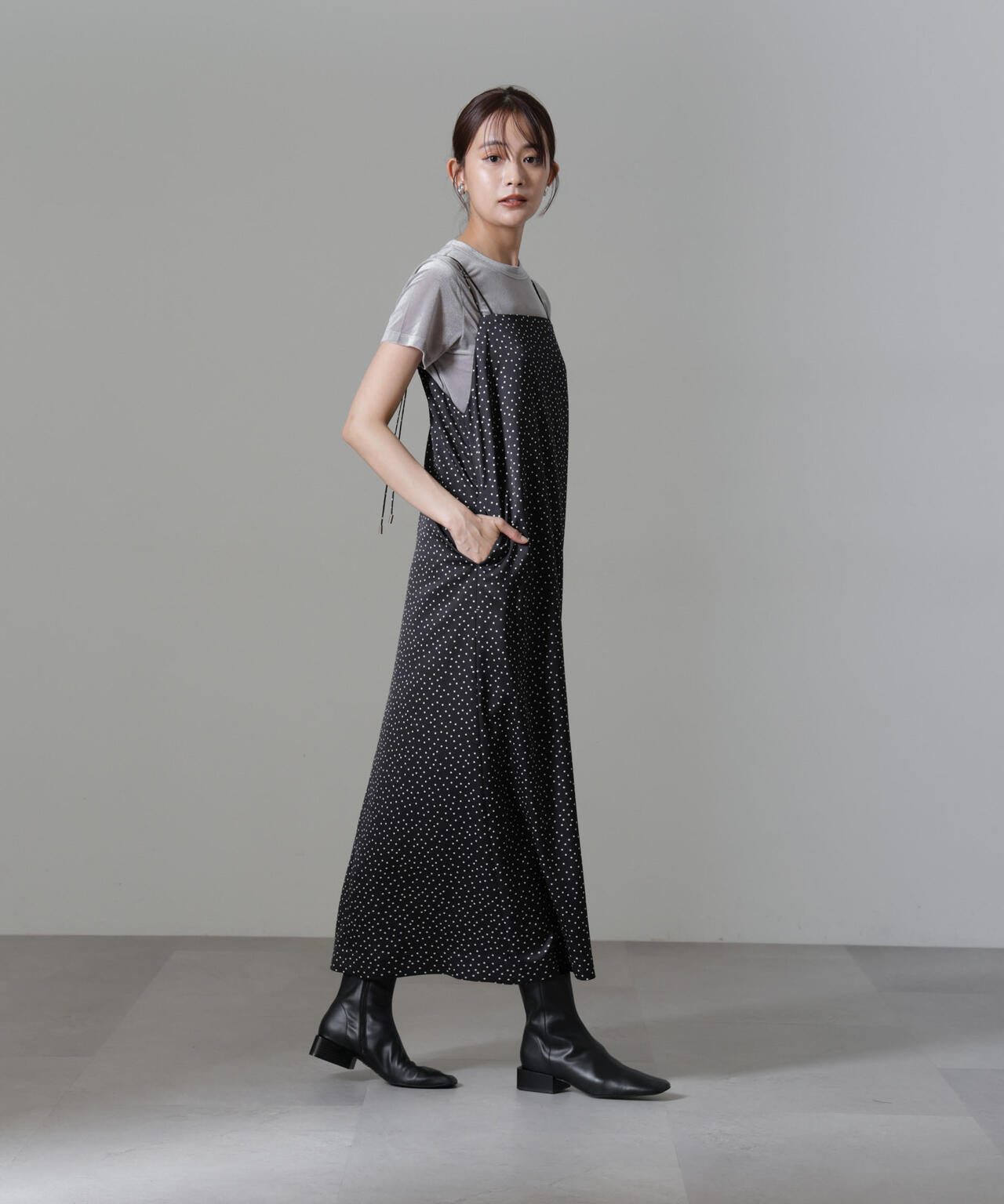 ドット プリント サテン キャミ ワンピース