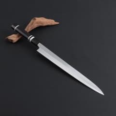 8611 世界一薄い 鏡面仕上げ 極薄柳刃包丁 尺 黒檀黒水牛角白三本巻