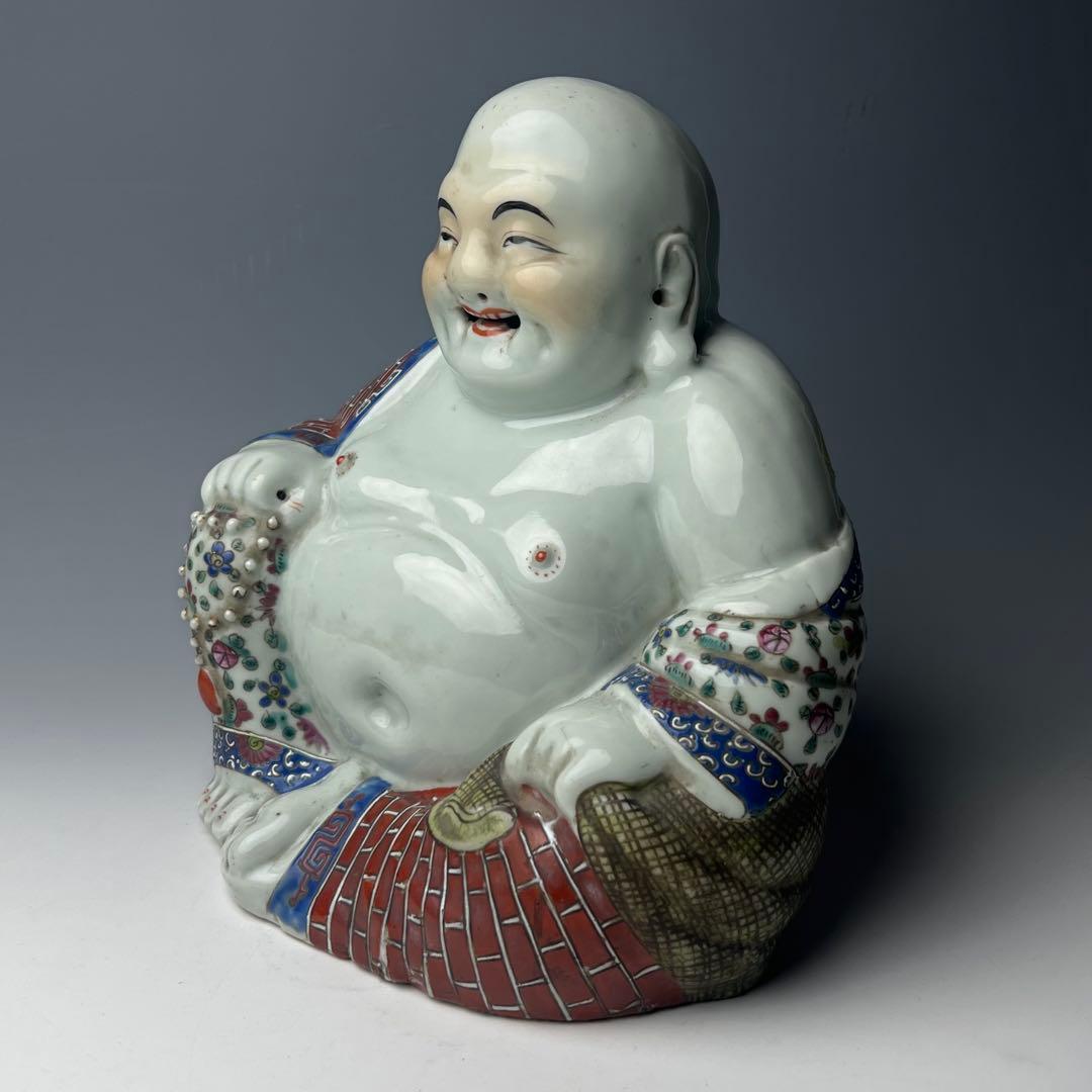 優美 粉彩布袋 江西景徳 朱茂記造 底款 色絵 布袋像 座布団付 仏教中国