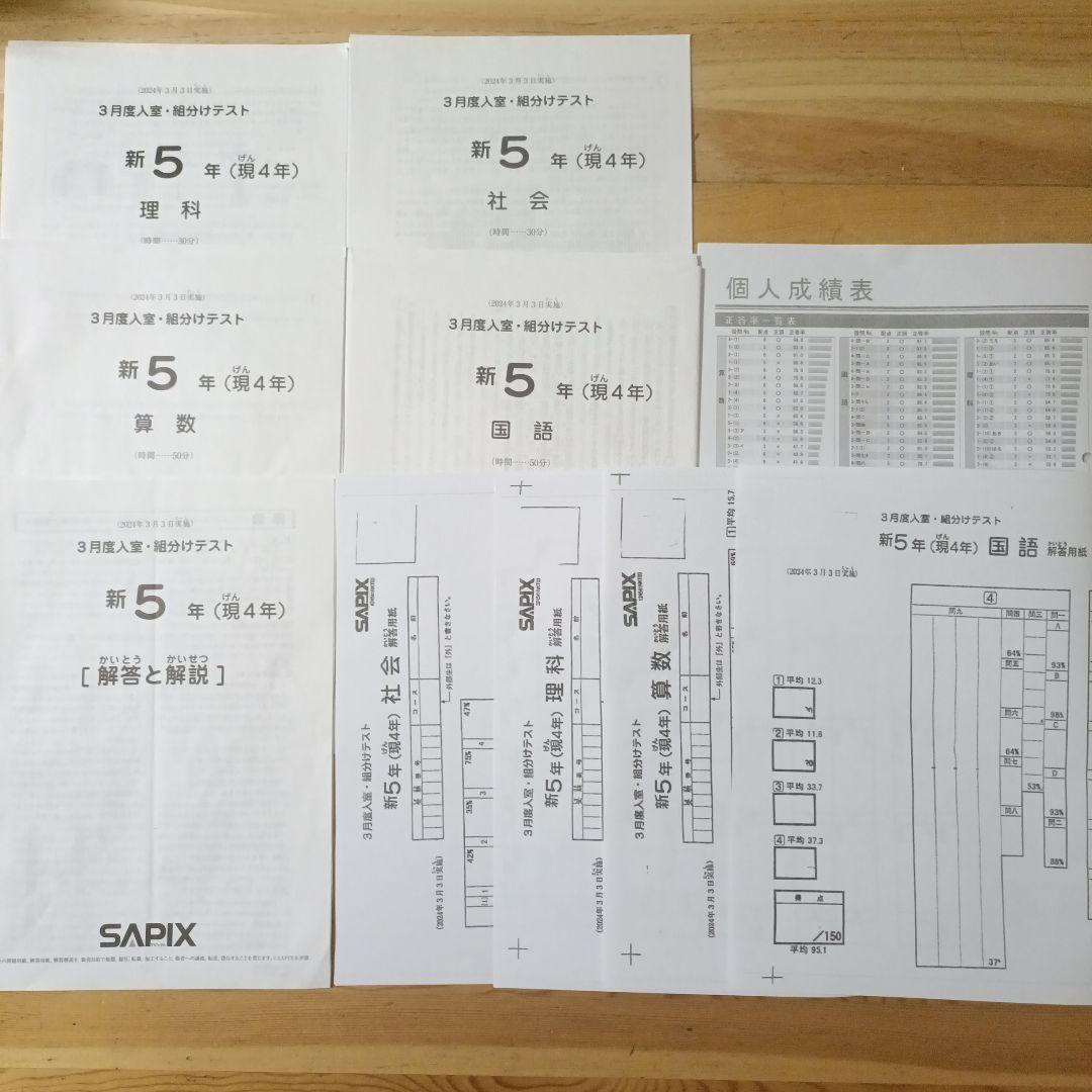 原本】サピックス新5年（現4年） 3月度入室・組分けテスト 2024年3月