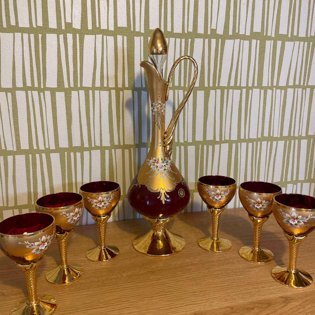 Murano Glass 赤金 デキャンタとグラスセット Murano Glass 赤金 デキャンタとグラスセット Murano Glass 赤金