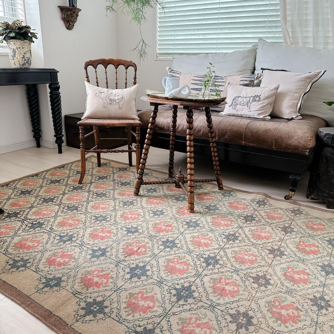 トルコ ヴィンテージラグ A137 大判 レア グレージュ モスグリーン