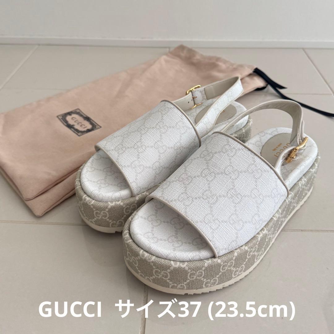 【美品】GUCCI ホワイト コンフォートサンダル37 GUCCI（グッチ） 未使用 GGマーモント レースアップ エスパドリーユ