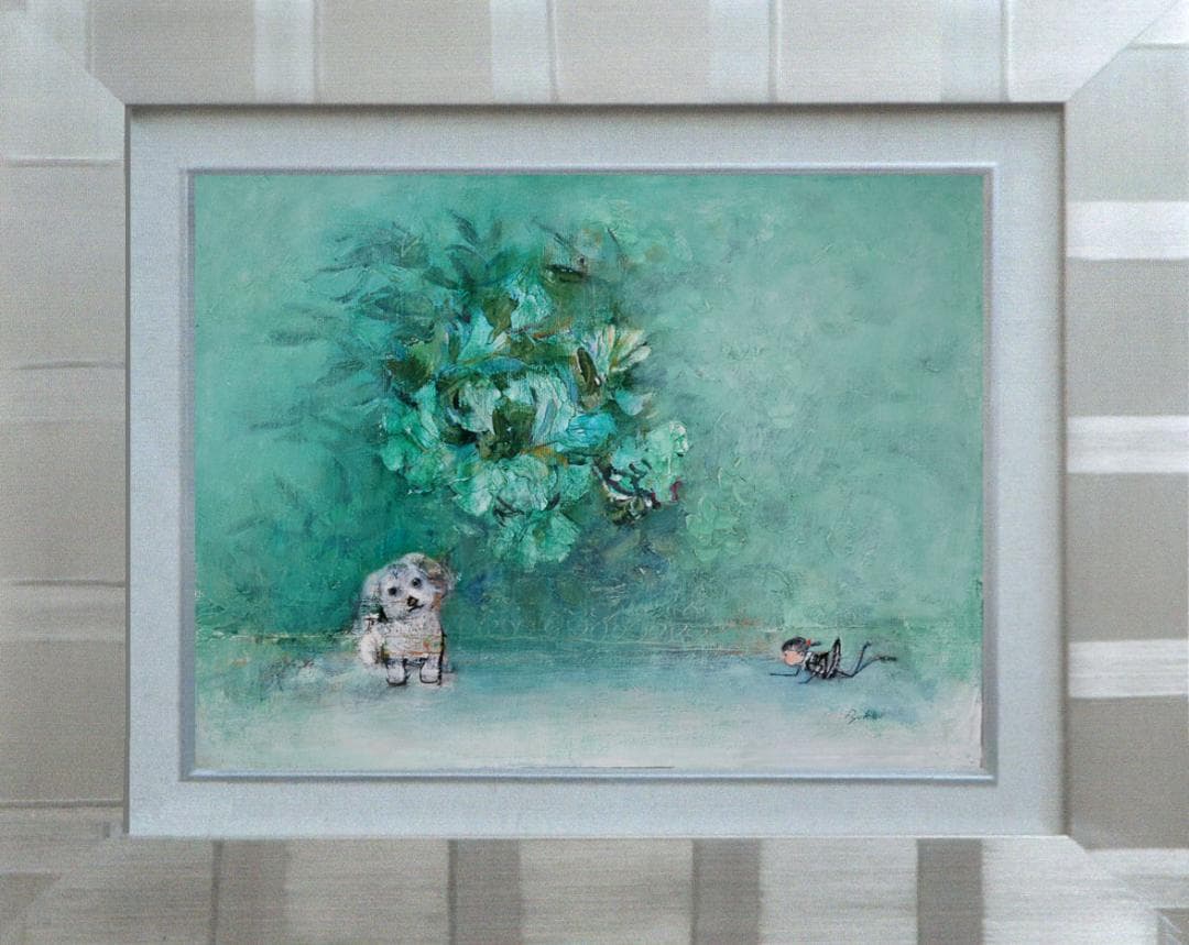 油絵 菅家令子 絵 絵画インテリア額付(青緑＋金色の枠) uF6-071719