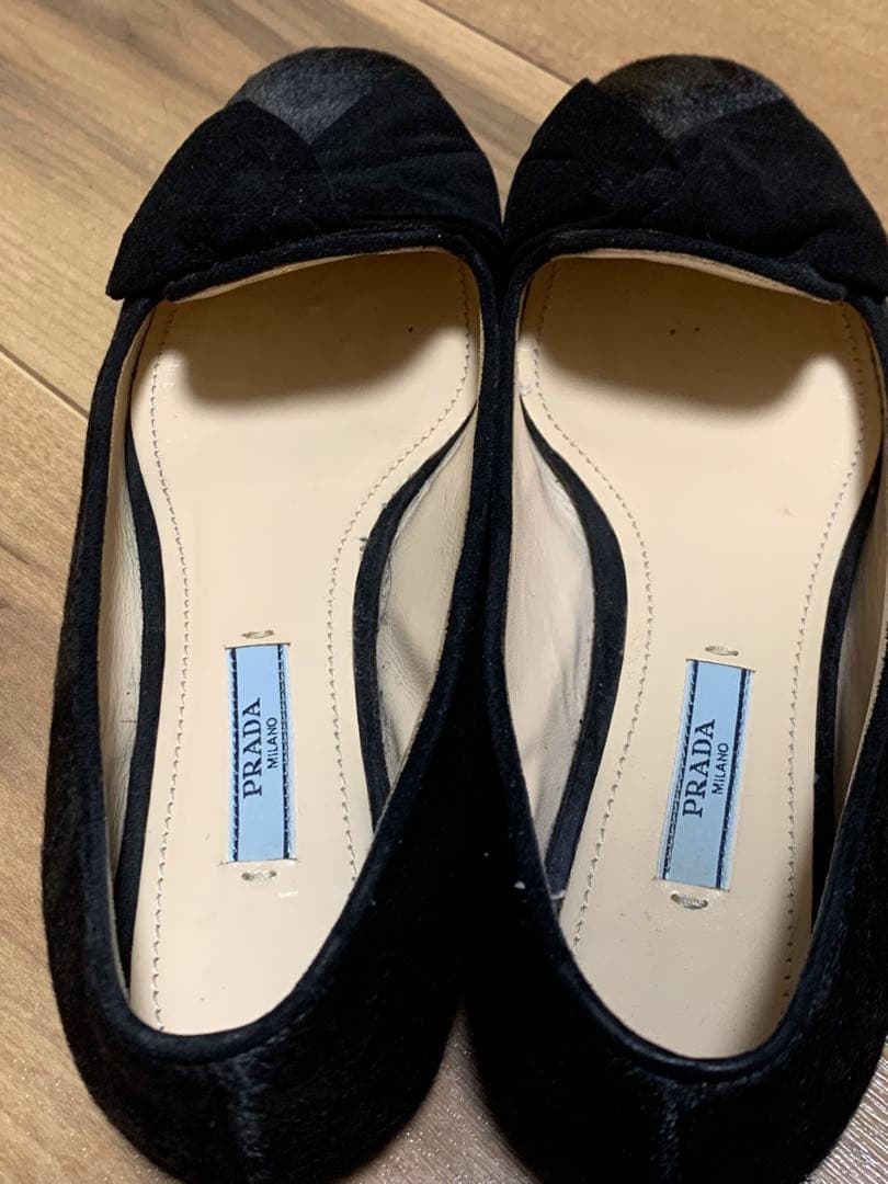 PRADA プラダ リボン付き フラットパンプス ブラック ハラコ調 37