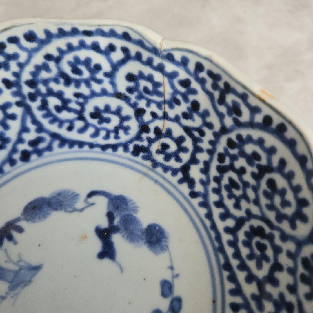 古伊万里 染付 蛸唐草 深皿 膾皿 江戸時代 金直し 金継ぎ 骨董 五弁花