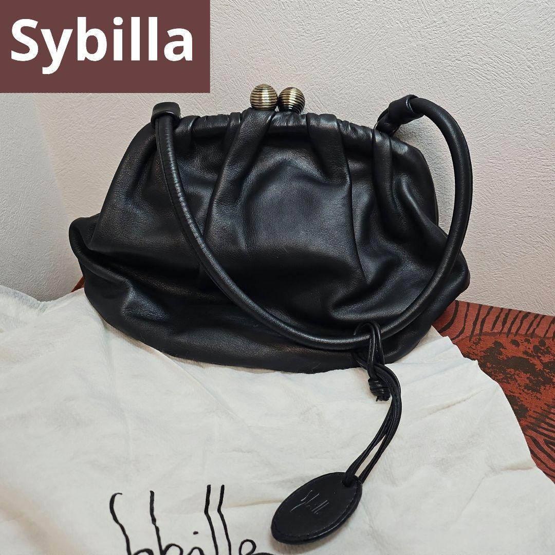 美品 Sybillaシビラ ハンドバッグ ワンショルダー がま口 レザー 黒 未使用級】Sybilla シビラハンドバッグ 黒 レザー ナイロン ロゴ 底鋲