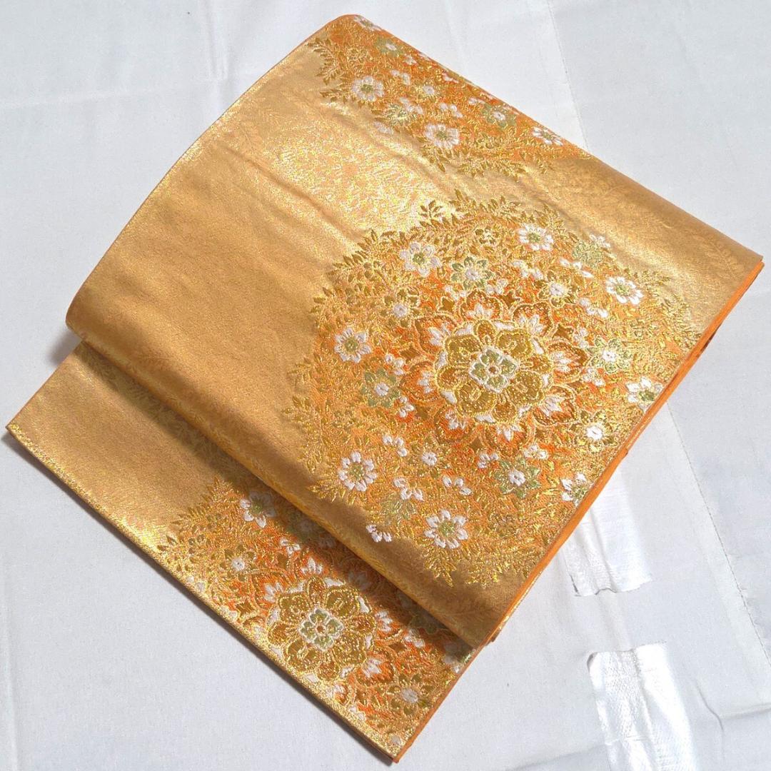 A2 正倉院文様 金糸 華文 唐草唐花 六通 正絹 フォーマルな袋帯 O150