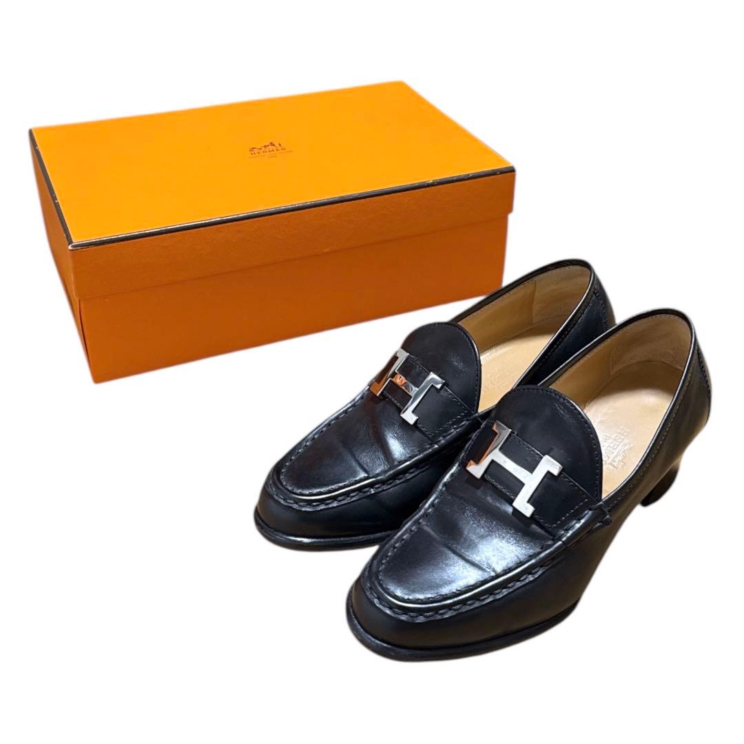 HERMES ブラック ヒール ローファー Hロゴ付き 箱付き HERMES（エルメス） 【新品同様】HERMES ローファー インパクト H ロゴ
