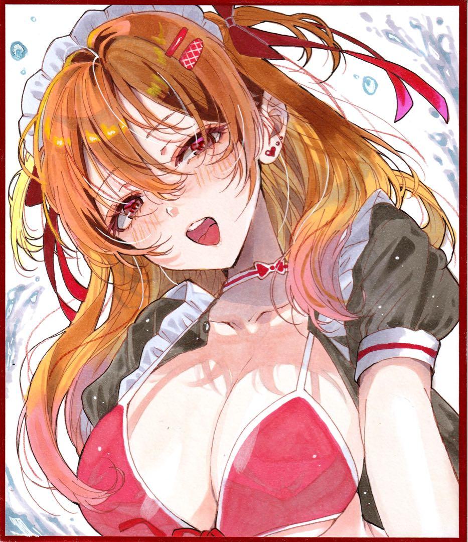 オリジナル 手描きイラスト 色紙 水着メイドさん オリジナル 手描きイラスト 色紙 水着メイドさん