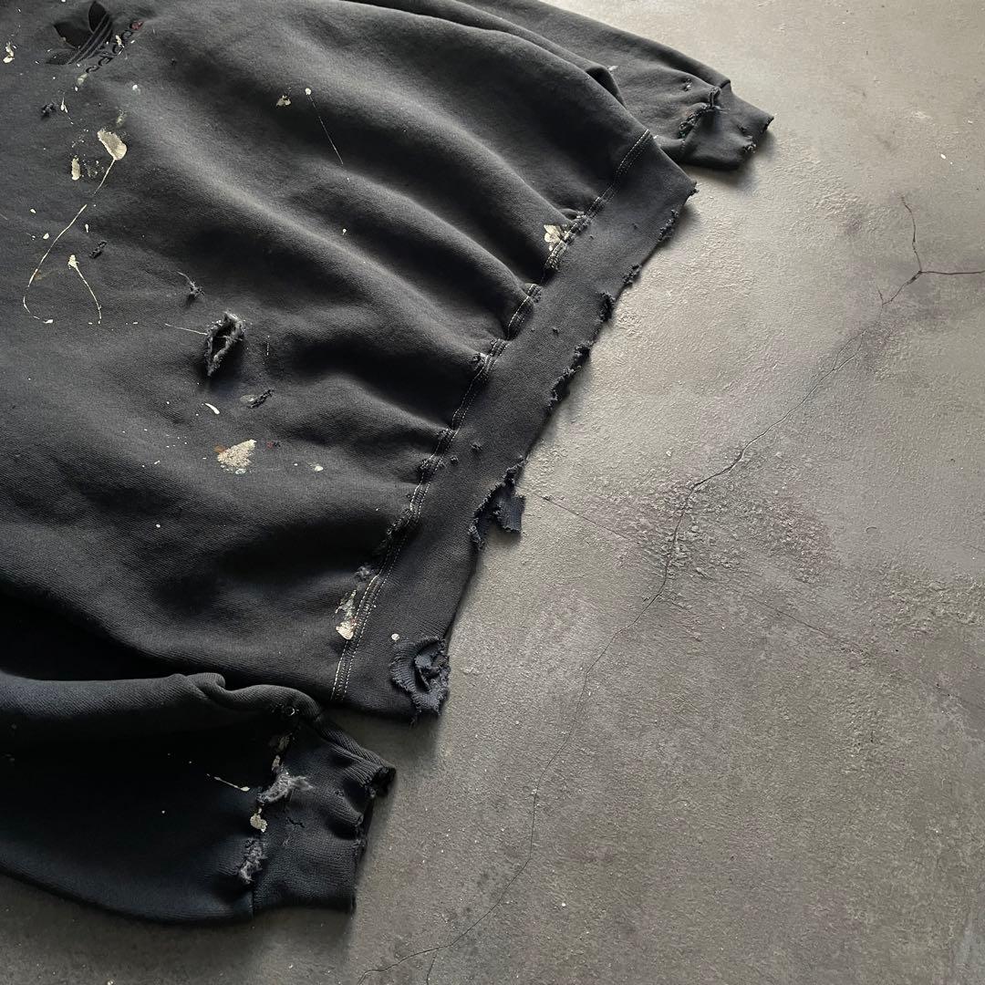 80s 万国旗“adidas”墨黒“XL“USA製“ペンキ”boro sweat